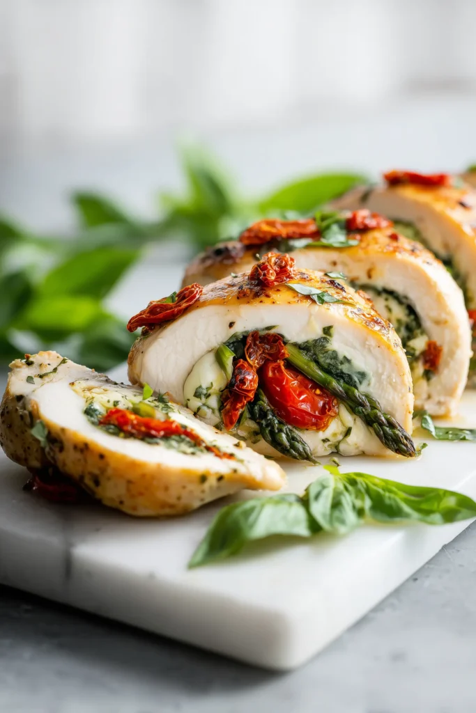Succulent Best Stuffed Chicken Breast with Asparagus sliced on a white marble background, showing melty cheese and green asparagus.