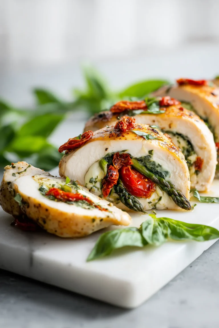 Succulent Best Stuffed Chicken Breast with Asparagus sliced on a white marble background, showing melty cheese and green asparagus.