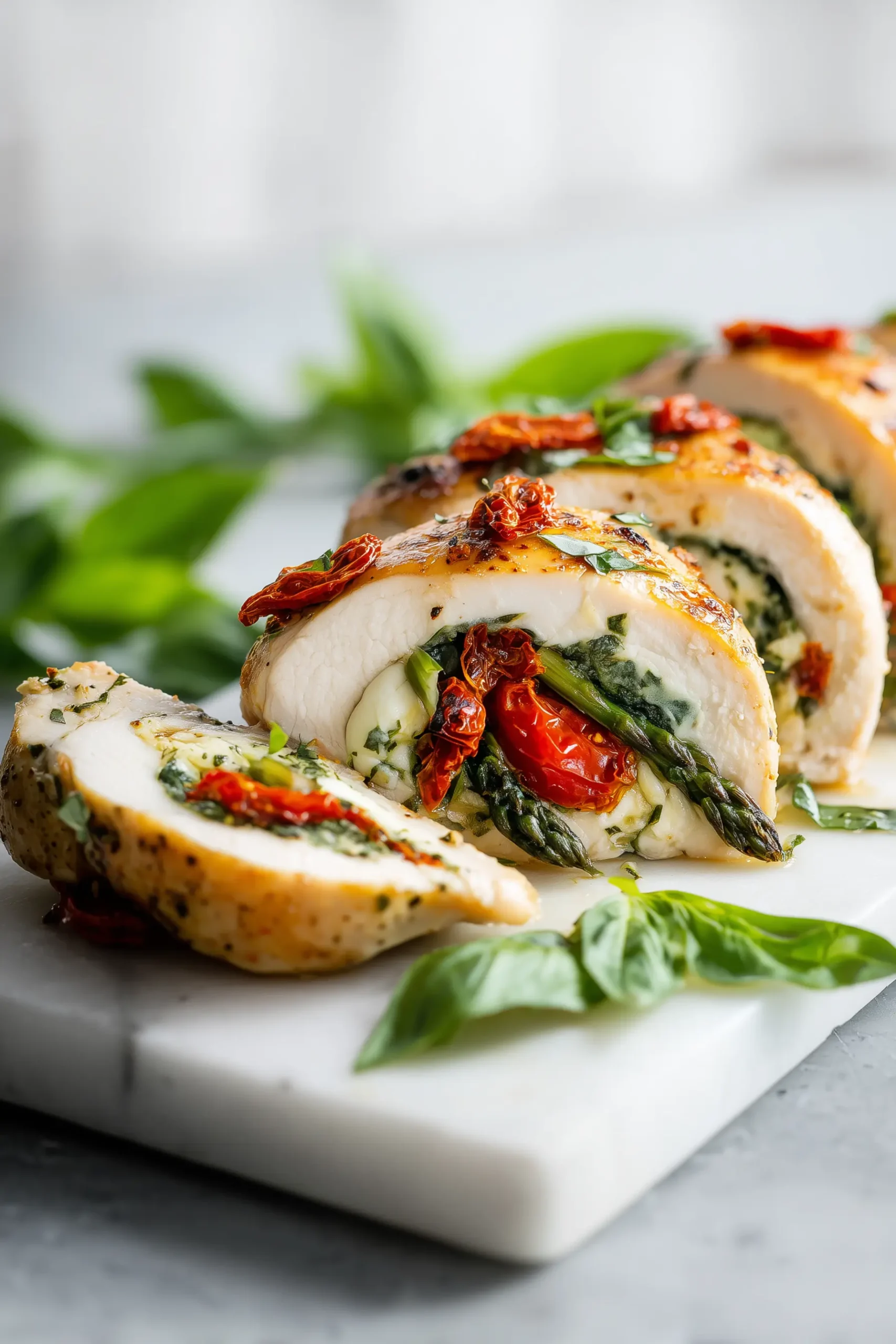 Succulent Best Stuffed Chicken Breast with Asparagus sliced on a white marble background, showing melty cheese and green asparagus.