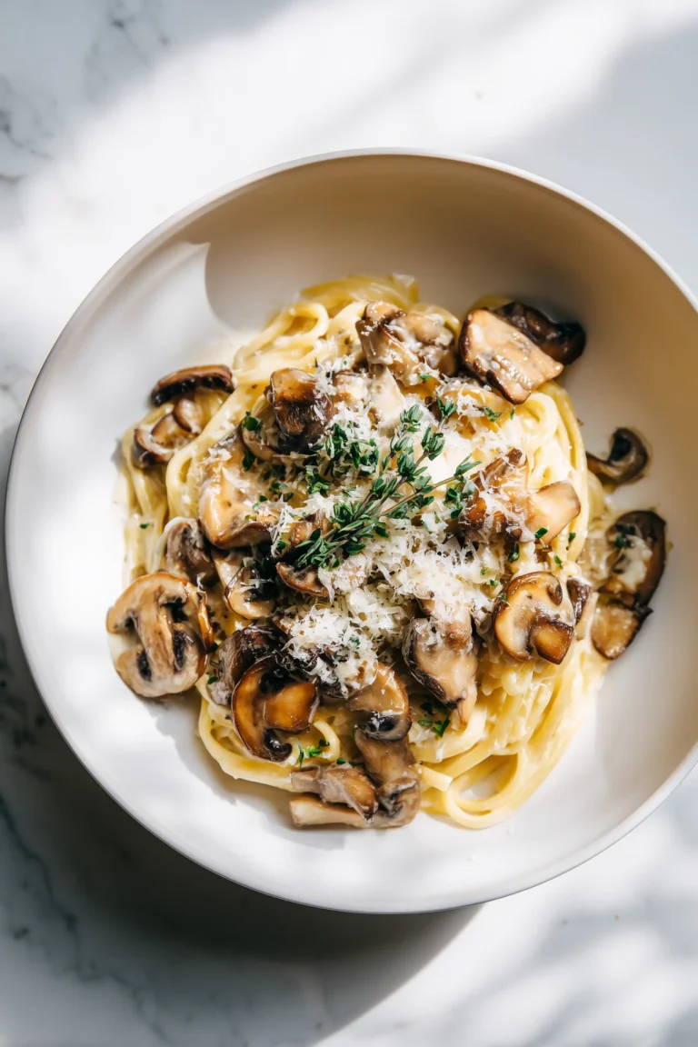 A close-up of Garlic Butter One Pot Mushroom Parmesan Pasta in a large pot, with golden mushrooms, creamy sauce, and grated parmesan.