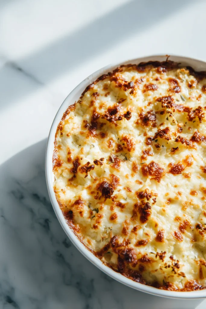 High Protein Cauliflower Mac Cheese Casserole 3 Zoomed-in view of golden, bubbly cheese crust on high protein cauliflower mac cheese casserole, still in the baking pan.