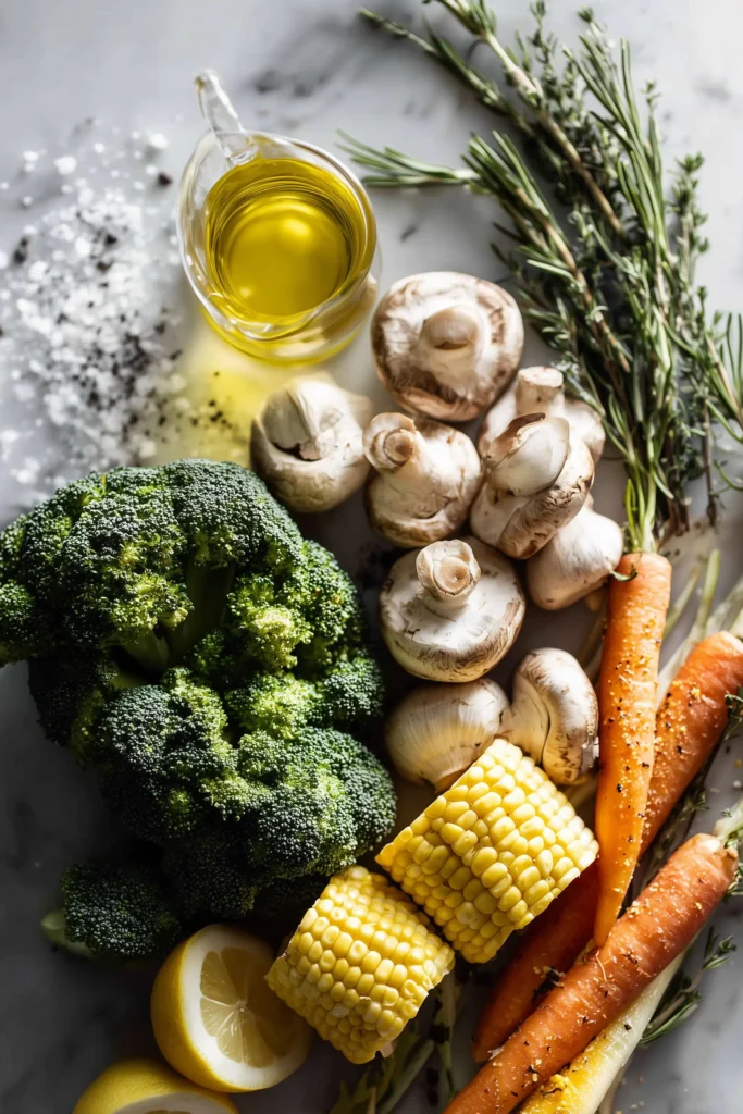 Fresh vegetables, herbs, and seasonings prepared for Herb Roasted Vegetable Medley For Thanksgiving on a marble counter.