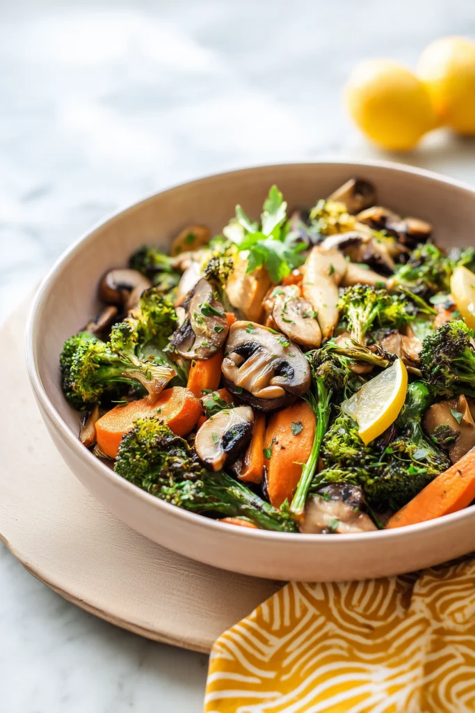 Leftover Herb Roasted Vegetable Medley For Thanksgiving served in a bowl, garnished with fresh herbs and lemon.