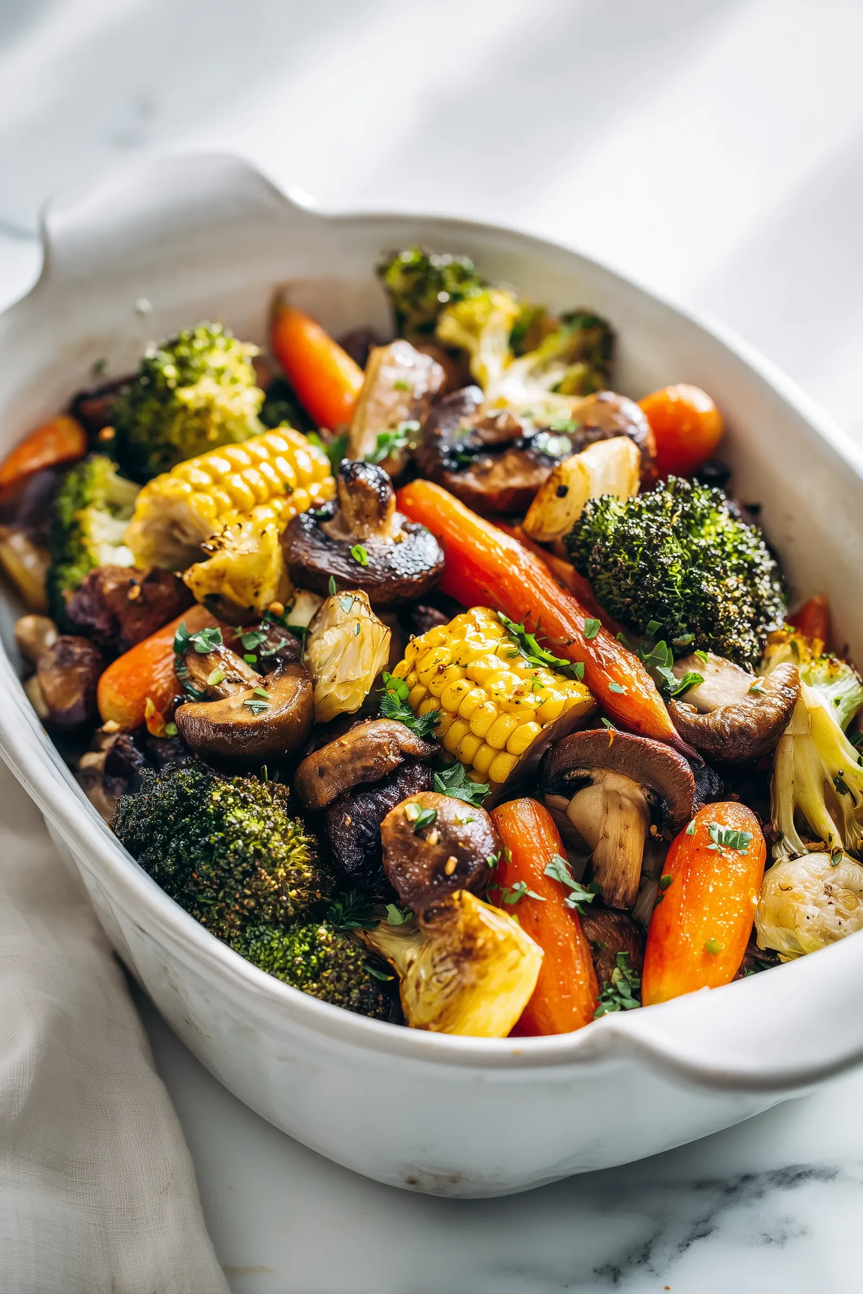 Herb Roasted Vegetable Medley For Thanksgiving featuring broccoli, carrots, mushrooms, and corn roasted with herbs on a white dish.