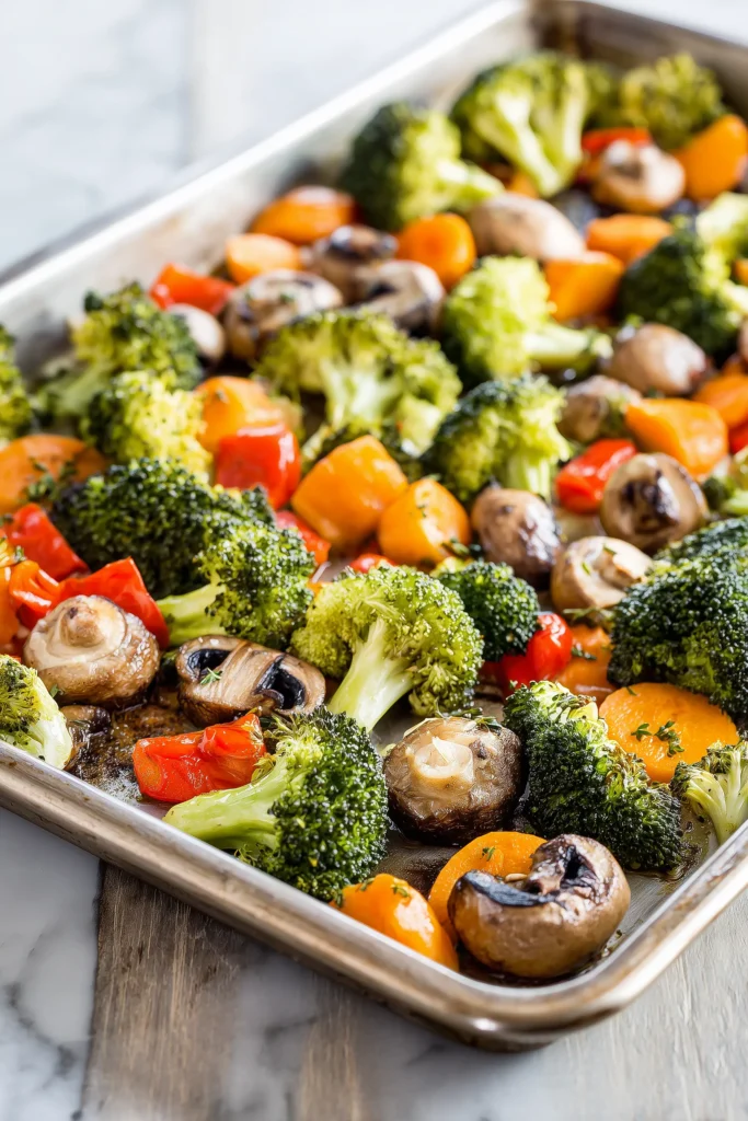 Sheet pan of Herb Roasted Vegetable Medley For Thanksgiving roasting in the oven with caramelized edges.