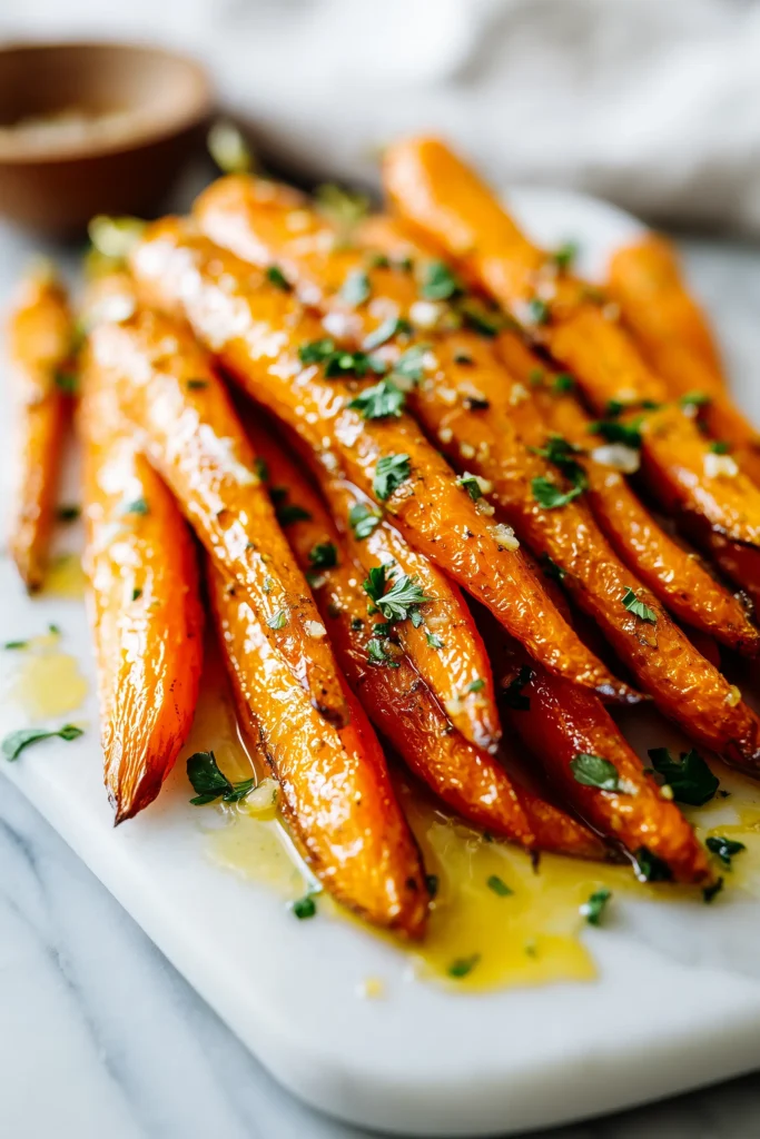 Carrots roasted in honey garlic butter until caramelized, garnished with parsley, shown on a bright marble background.