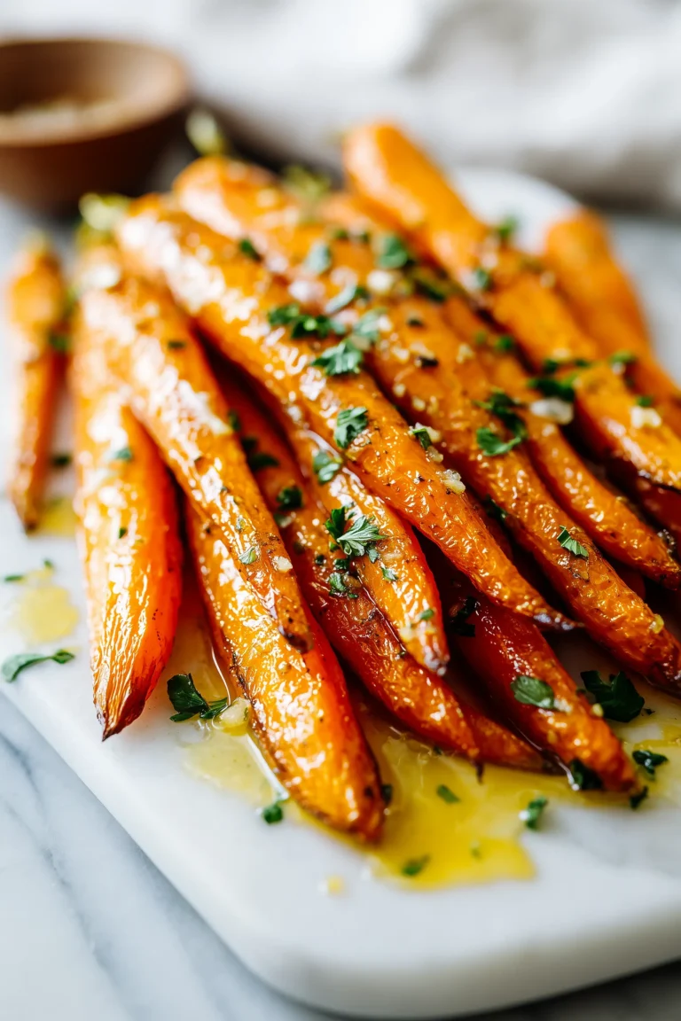 Carrots roasted in honey garlic butter until caramelized, garnished with parsley, shown on a bright marble background.