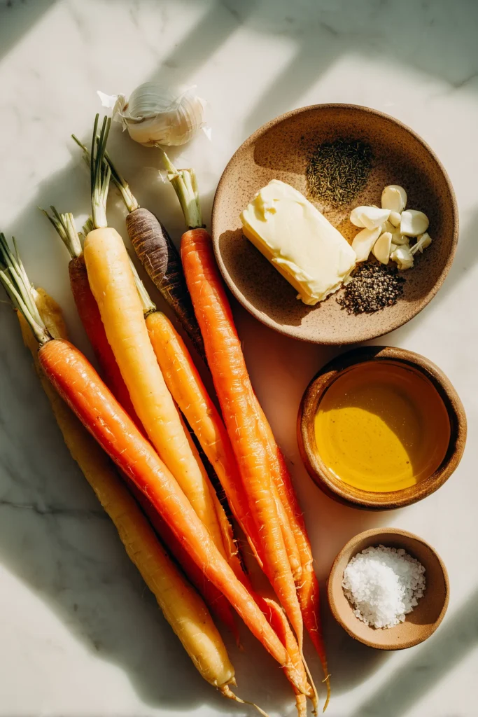 Fresh carrots, honey, butter, garlic, oil, salt, and pepper arranged on a marble board for Honey Garlic Butter Roasted Carrots.