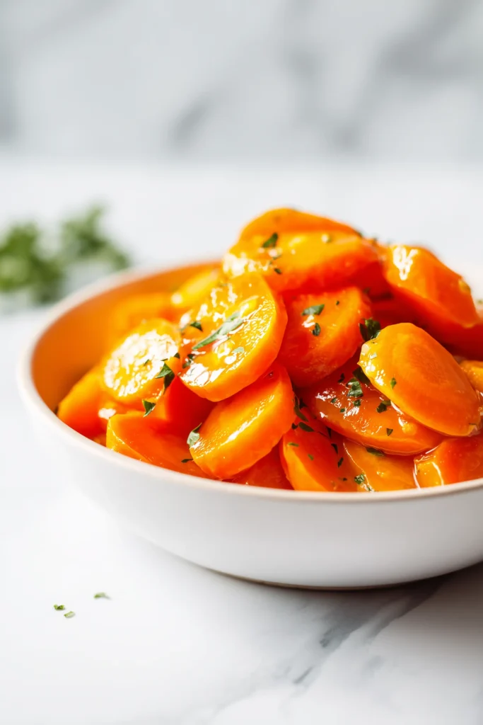Carrots tossed in honey garlic butter mixture, glistening and ready for the oven for Honey Garlic Butter Roasted Carrots.
