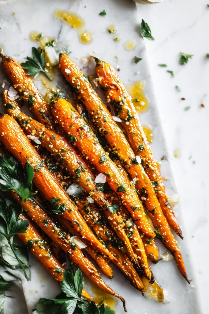 Honey Garlic Butter Roasted Carrots with glaze and parsley served on a light marble platter.