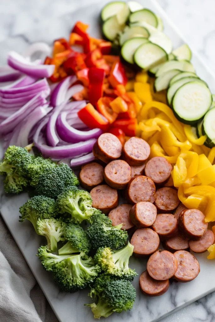 Sliced sausage, bell peppers, red onion, zucchini, and broccoli prepped for Air Fryer Sausage and Veggies.