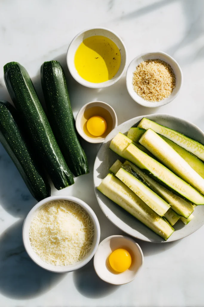 Air Fryer Zucchini Fries 2 A flat lay of ingredients for Air Fryer Zucchini Fries, including zucchini, breadcrumbs, Parmesan, and spices on a marble surface.