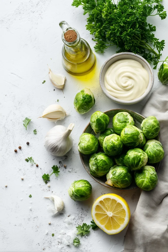 Ingredients for Crispy Brussel Sprouts With Dijon Aioli arranged on a light wooden surface.