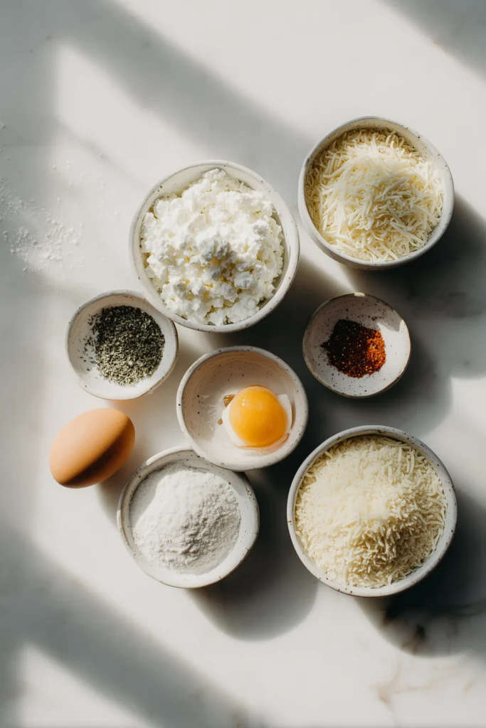 Overhead view of ingredients for Irresistible Cottage Cheese Cheese Sticks neatly arranged on a marble surface.