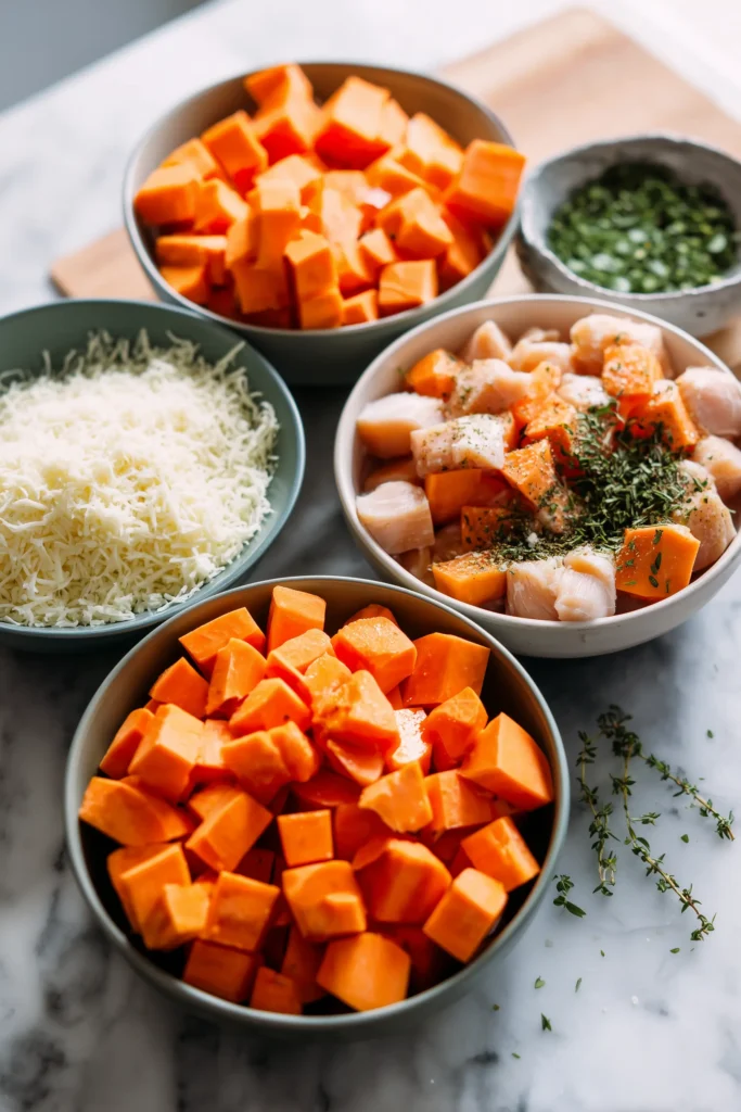 Vibrant bowls of sweet potato, chicken, parmesan, and herbs for High Protein Garlic Parmesan Roasted Sweet Potatoes.