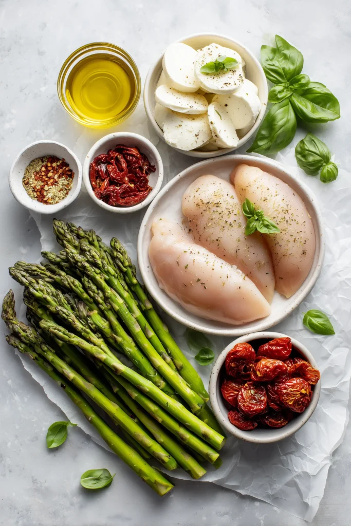 All ingredients for Best Stuffed Chicken Breast with Asparagus laid out on a bright surface, colorful and fresh.
