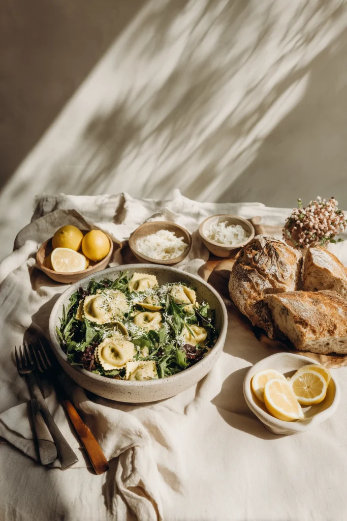 Dinner table with Italian Ravioli with Spinach, Artichokes, Capers, Sun-Dried Tomatoes, bread, salad, and lemon ready to serve.