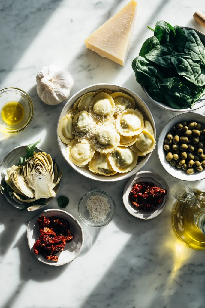 Flat-lay of fresh ravioli, spinach, artichoke hearts, capers, sun-dried tomatoes and parmesan for Italian Ravioli with Spinach, Artichokes, Capers, Sun-Dried Tomatoes.