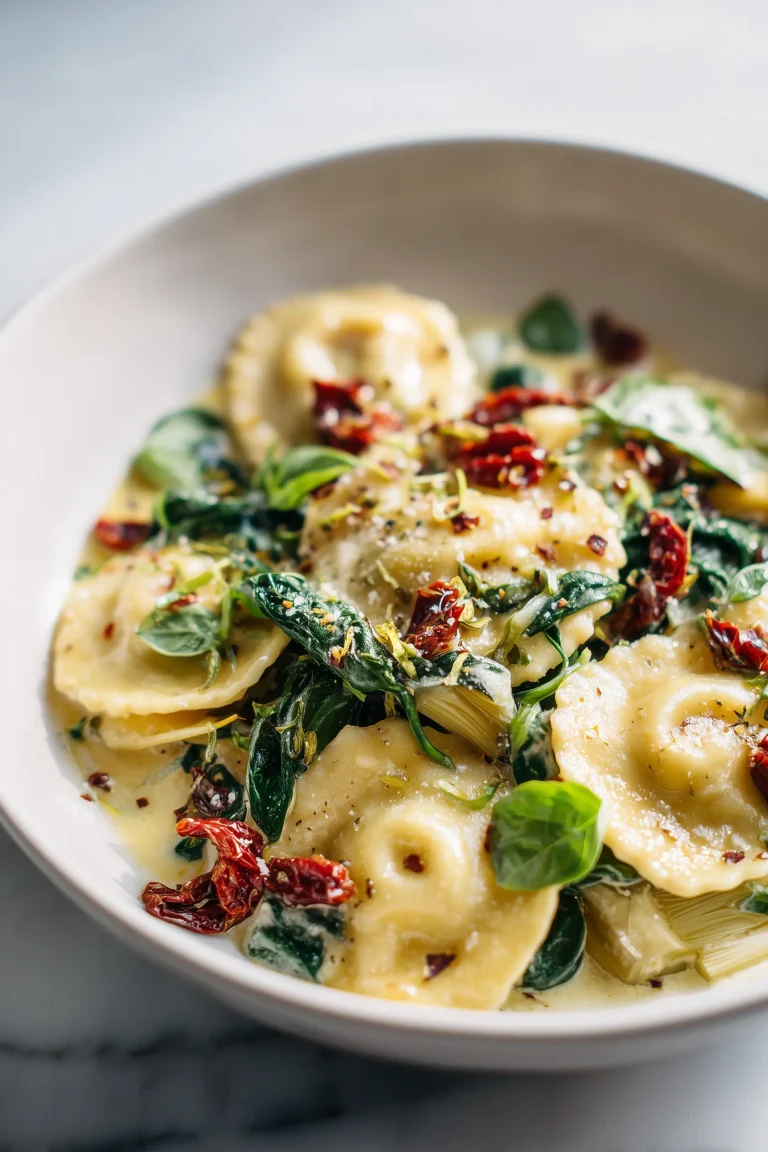 Overhead image of Italian Ravioli with Spinach, Artichokes, Capers, Sun-Dried Tomatoes in a creamy sauce garnished with basil and parmesan.