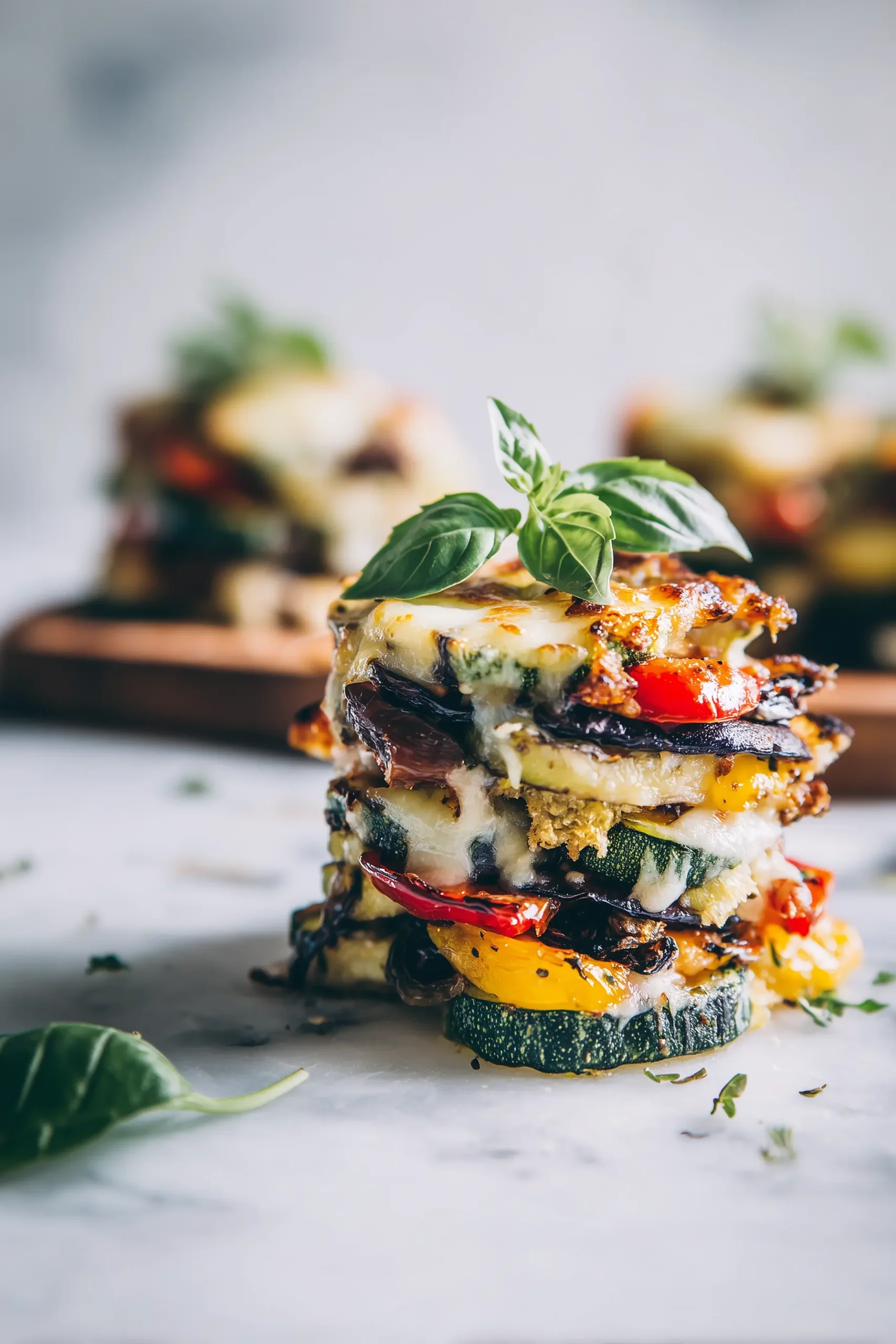A golden-topped Layered Mediterranean Eggplant Zucchini Bake with melty cheese and vibrant roasted vegetables in a white casserole dish.