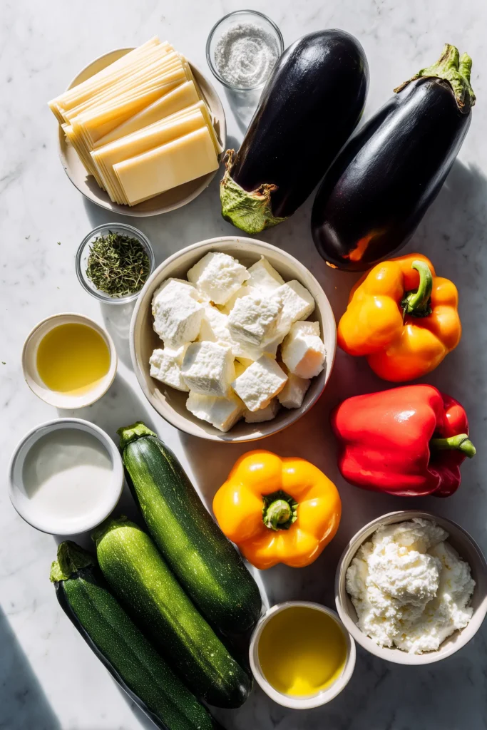 Fresh eggplant, zucchini, bell peppers, various cheeses, and herbs displayed for making Layered Mediterranean Eggplant Zucchini Bake.