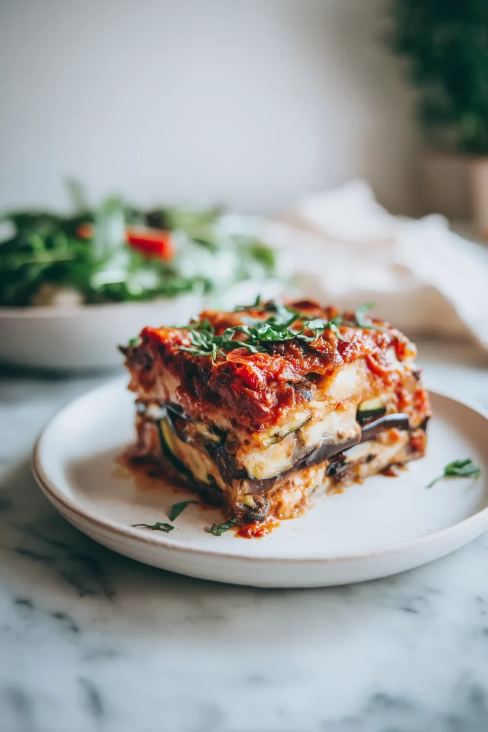 A hearty slice of Layered Mediterranean Eggplant Zucchini Bake on a white plate, showing layers of roasted vegetables and cheese.