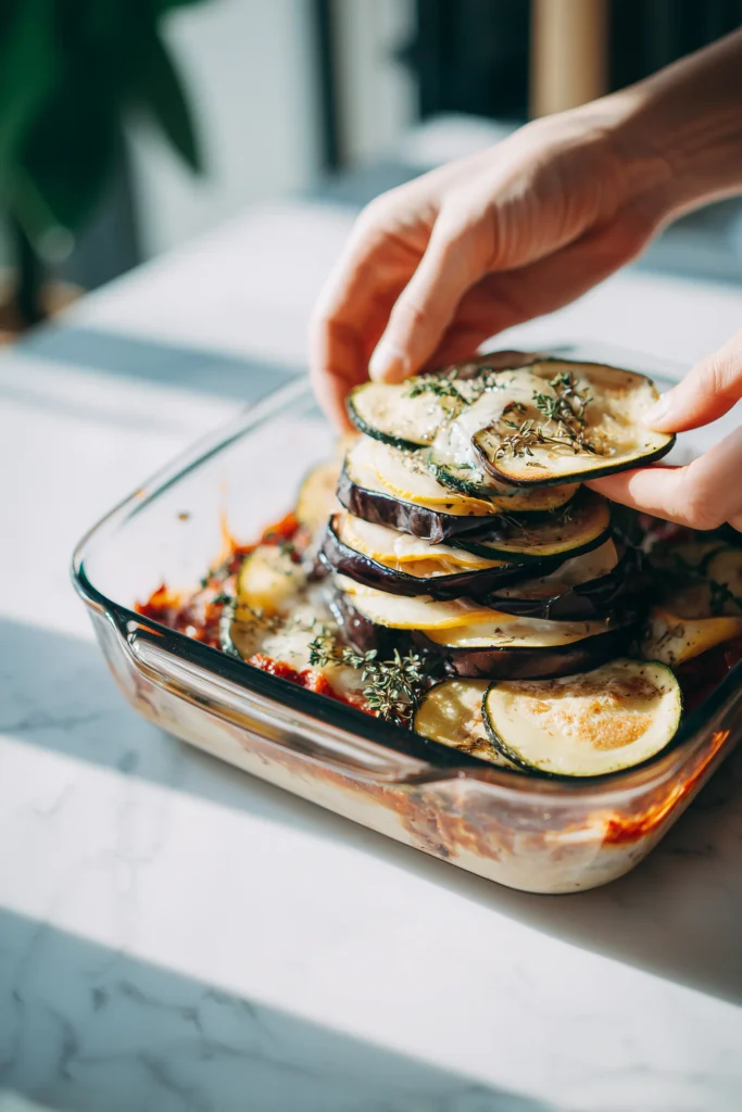 A baking dish mid-assembly with roasted vegetables, noodles, and cheese layers for Layered Mediterranean Eggplant Zucchini Bake.