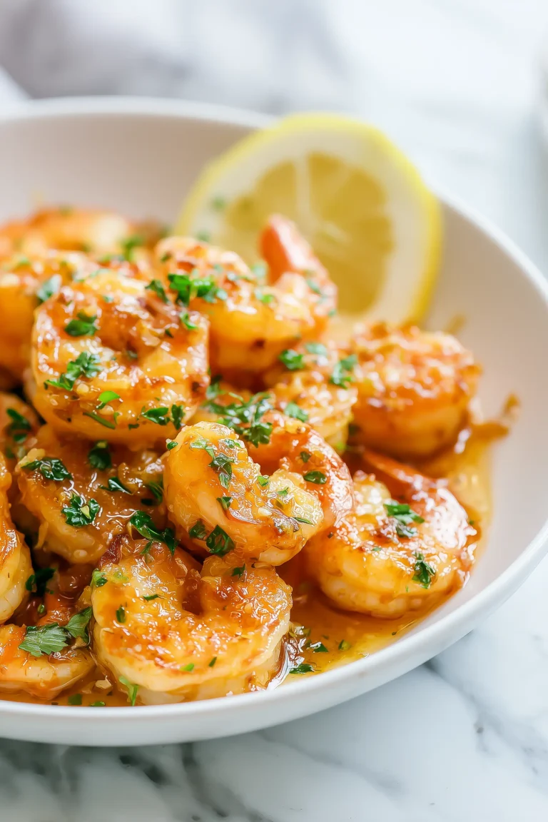 A white dish of Lemon Garlic Parmesan Shrimp Recipe with golden shrimp, parmesan, and parsley on a bright marble background.