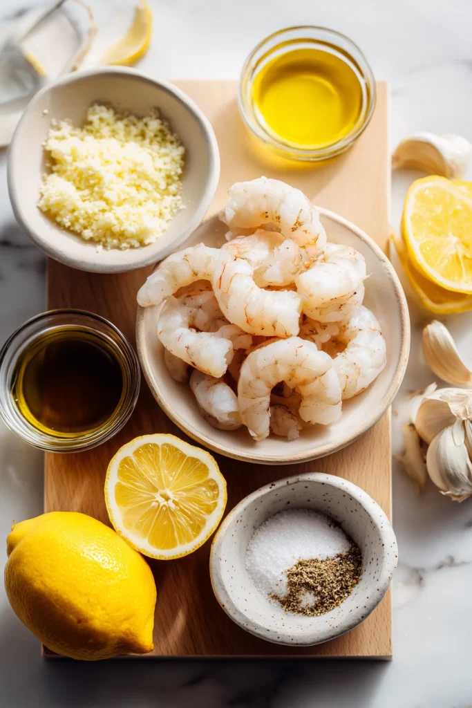 Overhead shot of shrimp, lemon, parmesan, garlic, and seasonings for Lemon Garlic Parmesan Shrimp Recipe on a pale wood board.