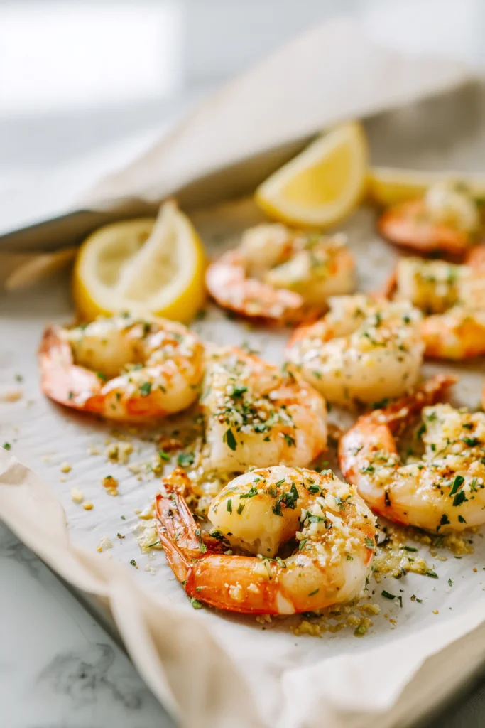 Sheet pan of raw shrimp coated in marinade and parmesan for Lemon Garlic Parmesan Shrimp Recipe on a parchment-lined tray.