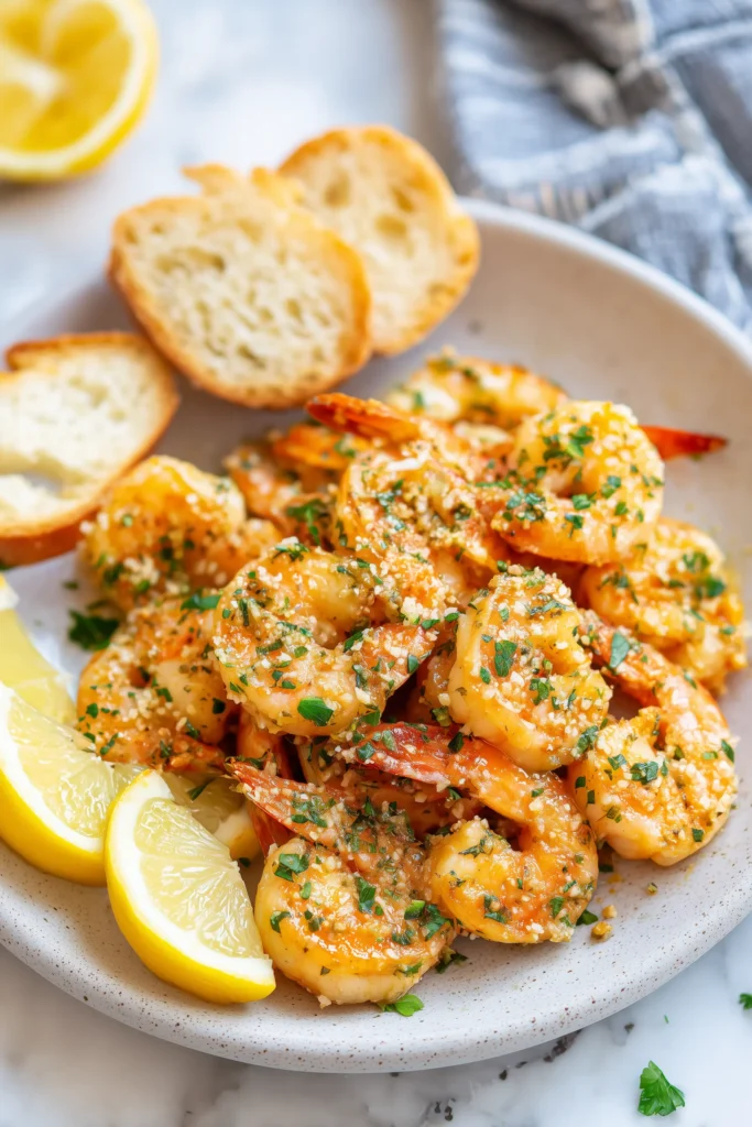 Close-up of Lemon Garlic Parmesan Shrimp Recipe on a plate with bread and lemon wedges on a bright background.