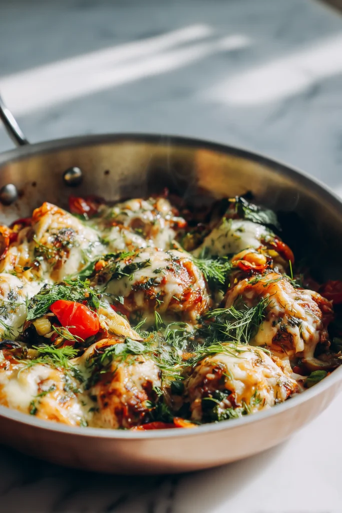 A casserole of the Best Mediterranean Chicken Bake Recipe with juicy chicken, melted cheese, and roasted vegetables in a bright, cozy setting.