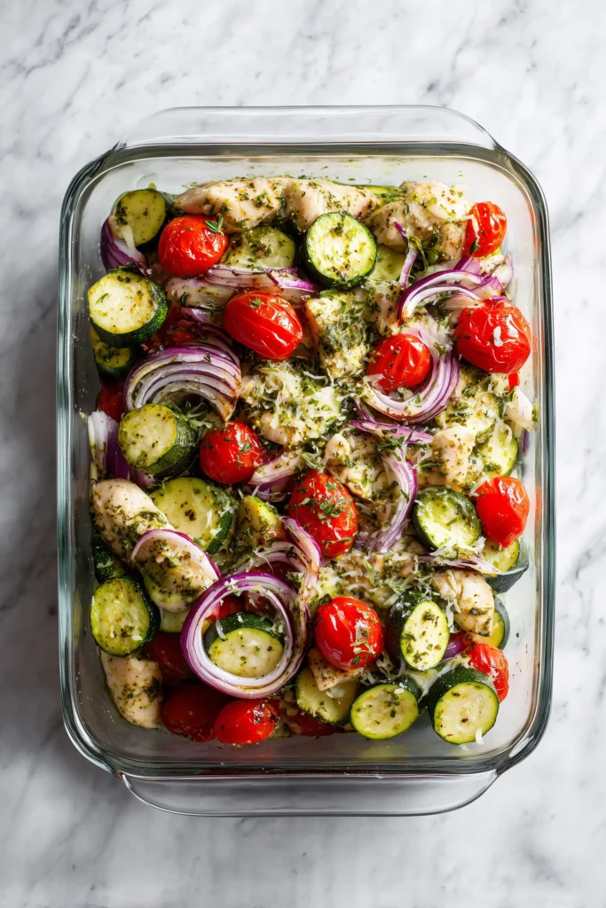 Ingredients for the Best Mediterranean Chicken Bake Recipe are arranged in a baking dish: chicken, vegetables, cheese, and herbs on display.