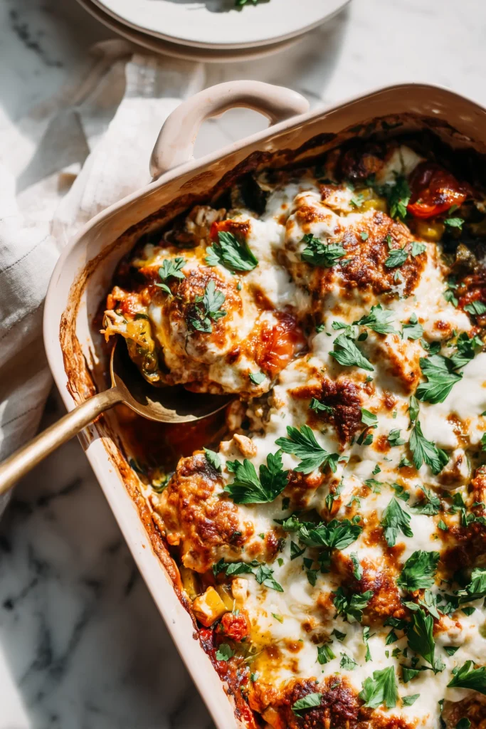 Family-style serving of the Best Mediterranean Chicken Bake Recipe with golden cheese, roasted vegetables, and parsley.