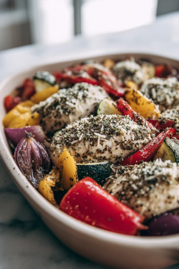 Step showing the assembly of the Best Mediterranean Chicken Bake Recipe with chicken, vegetables, and cheese in a casserole.