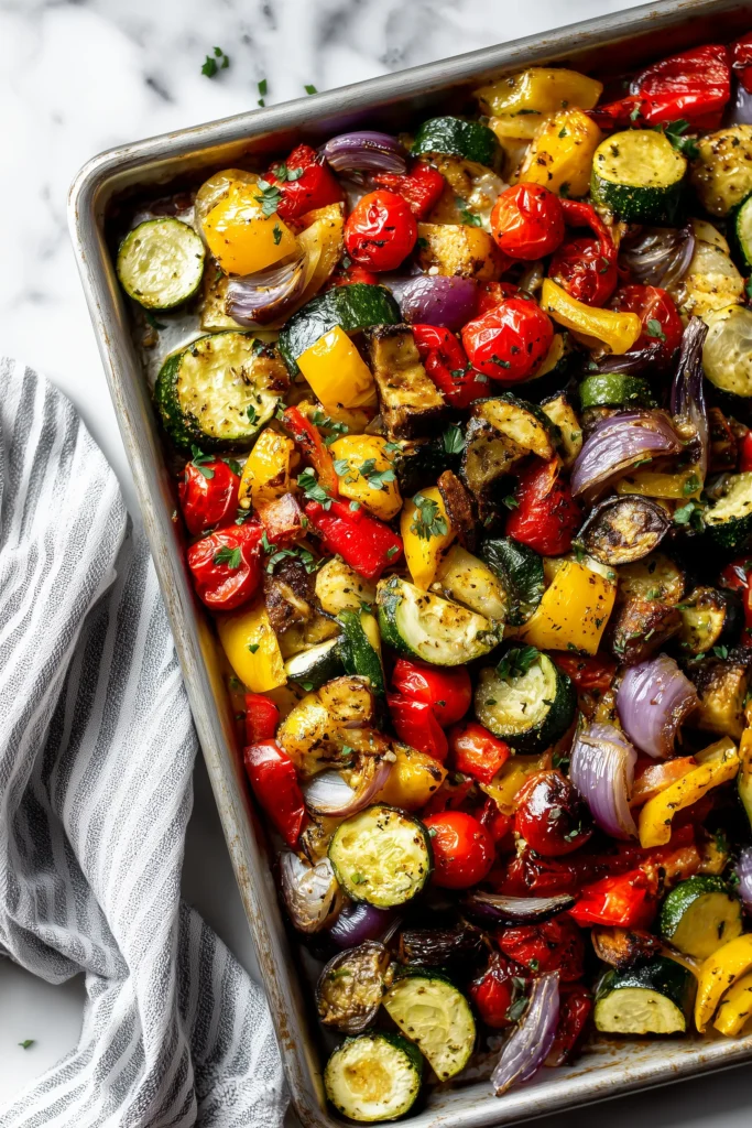 Easy Mediterranean Roasted Vegetables (Colorful, Crispy & Cozy!) 1 A tray of mediterranean roasted vegetables in vivid colors, roasted until golden and caramelized.