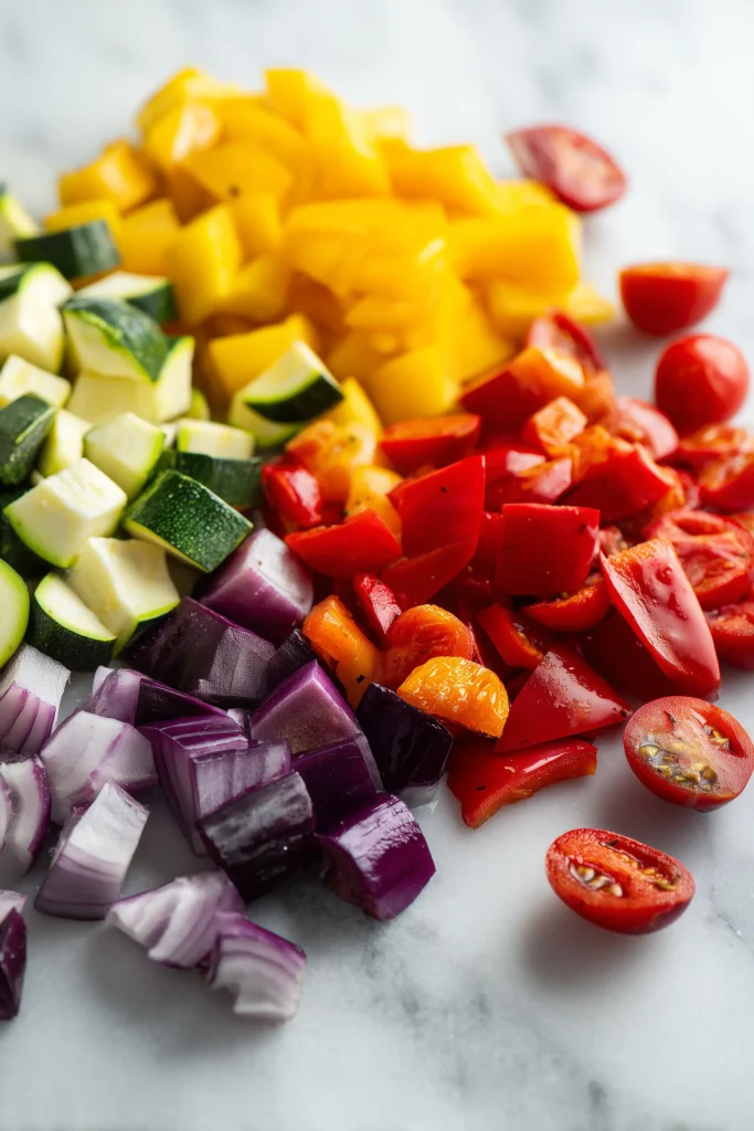 Easy Mediterranean Roasted Vegetables (Colorful, Crispy & Cozy!) 2 Ingredients for mediterranean roasted vegetables arranged on marble, prepped for roasting.