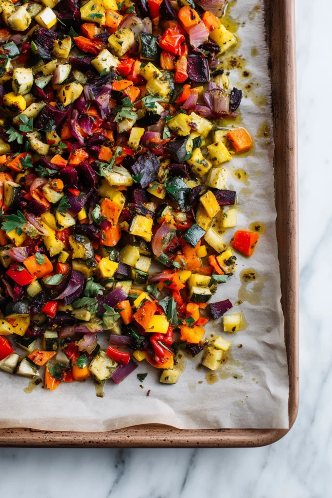 Easy Mediterranean Roasted Vegetables (Colorful, Crispy & Cozy!) 3 Chopped mediterranean roasted vegetables tossed in oil and herbs, laid on a baking pan for roasting.