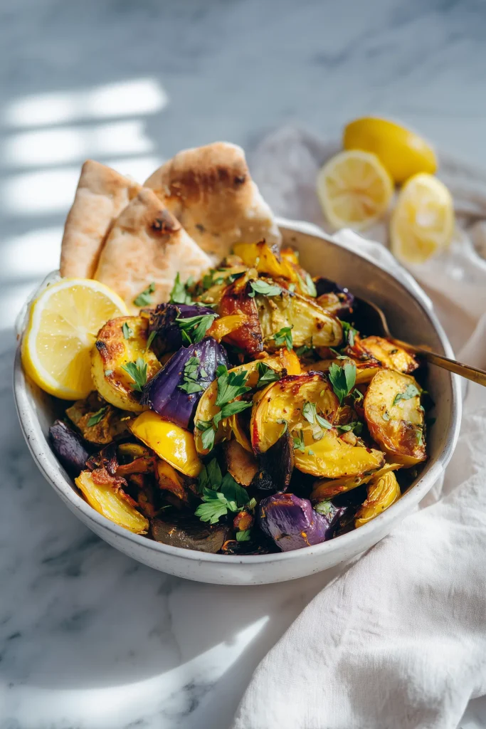 Easy Mediterranean Roasted Vegetables (Colorful, Crispy & Cozy!) 4 Bowl of mediterranean roasted vegetables with fresh herbs, golden and ready to serve.