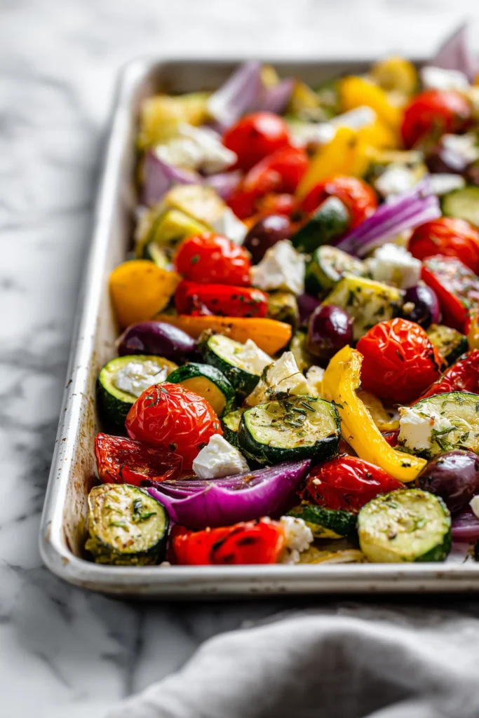 Colorful pan of MEditerrane roasted veggie with feta, olives, and caramelized edges.