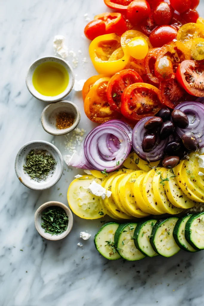 A flat-lay of MEditerrane roasted veggie ingredients including fresh vegetables and feta.