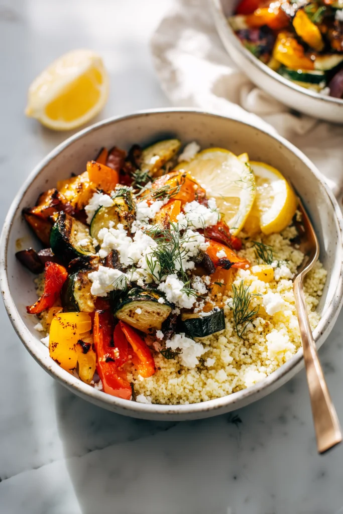 MEditerrane roasted veggie atop couscous with pita and feta in a warm inviting bowl.