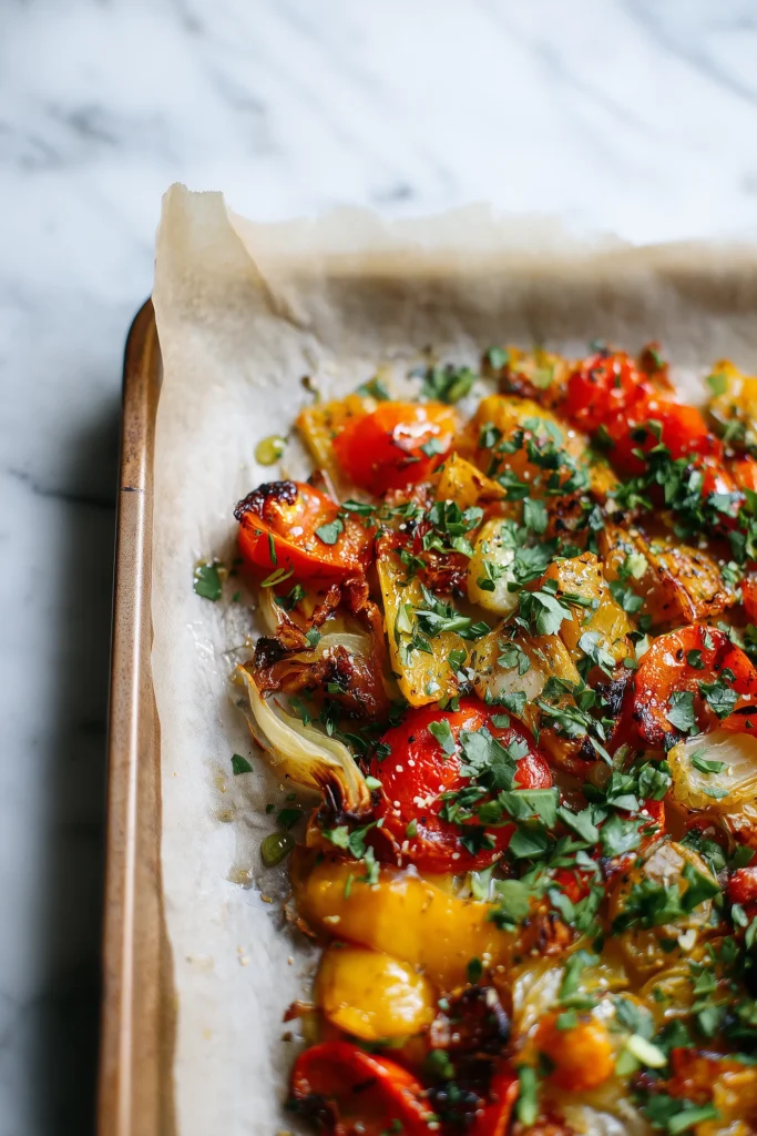 Sheet pan bursting with caramelized MEditerrane roasted veggie and fresh herbs.