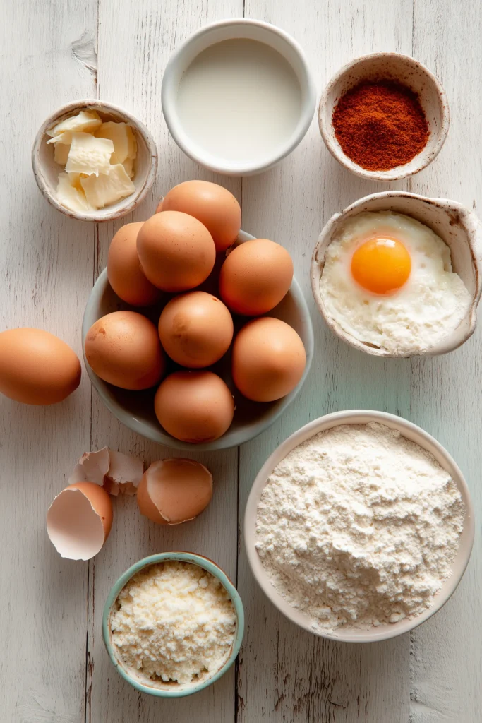 Ingredients for the Crispy Air Fryer Mini Blooming Onions Recipe displayed on a wood background.
