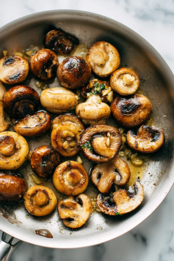 Garlic Butter One Pot Mushroom Parmesan Pasta 2 Caramelized mushrooms in a pan, prepared for Garlic Butter One Pot Mushroom Parmesan Pasta.