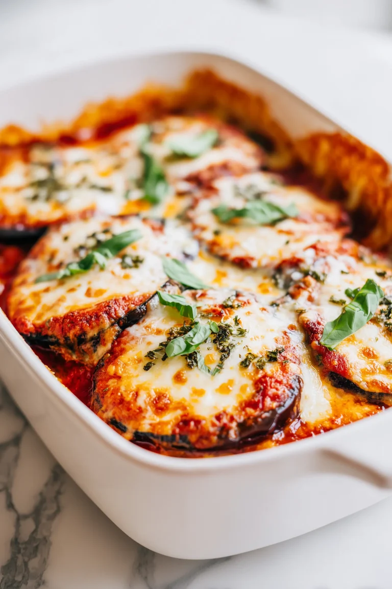A bubbling tray of Oven-Baked Italian Eggplant with golden cheese, layers of eggplant, and fresh basil on a white background.