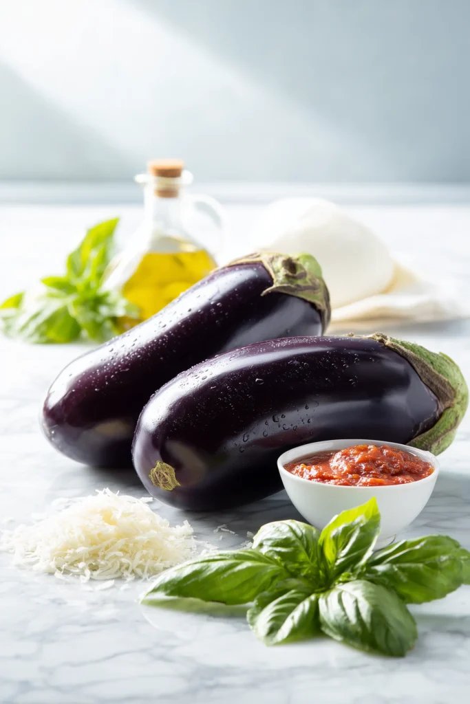 A selection of fresh ingredients for Oven-Baked Italian Eggplant arranged artfully on a bright marble background.
