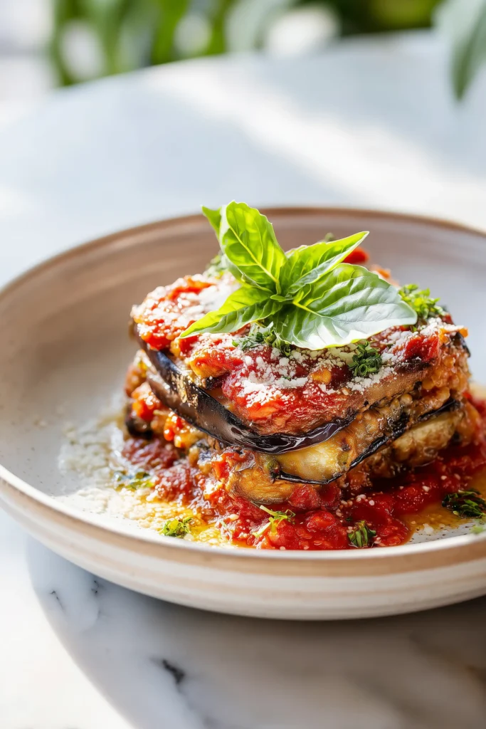 A single serving of Oven-Baked Italian Eggplant on a white plate with basil and parmesan, showing layers of eggplant and sauce.