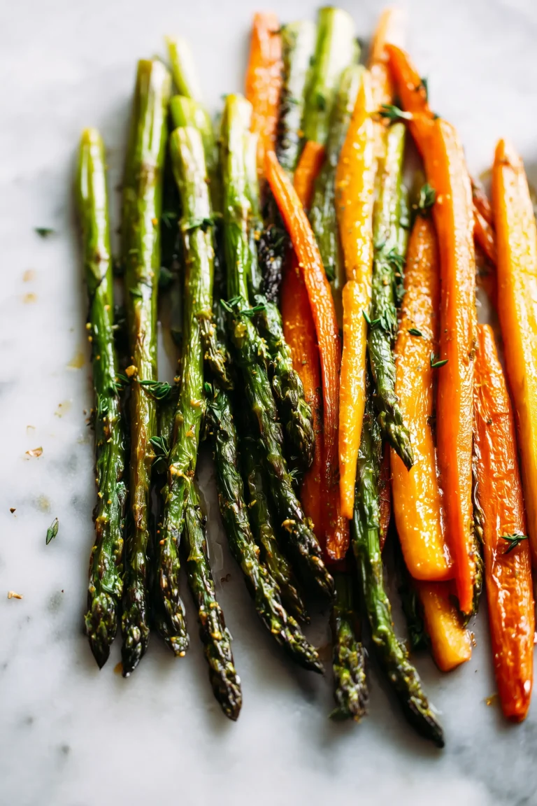 A sheet pan of Oven-Roasted Asparagus and Carrots showing golden caramelized edges and vibrant veggies.