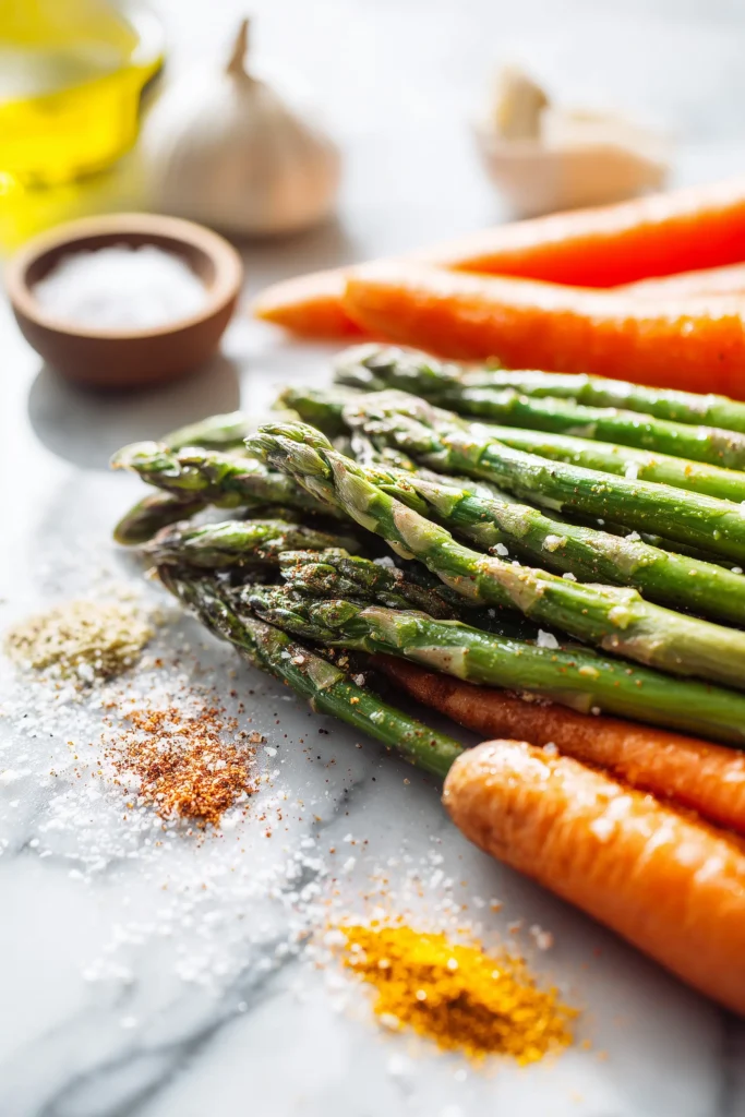 Oven-Roasted Asparagus and Carrots 2 Overhead view of ingredients for Oven-Roasted Asparagus and Carrots including fresh veggies and seasonings on marble.
